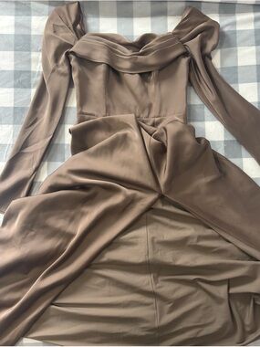 Birdy Grey Long Sleeve Off-Shoulder Dress in Taupe